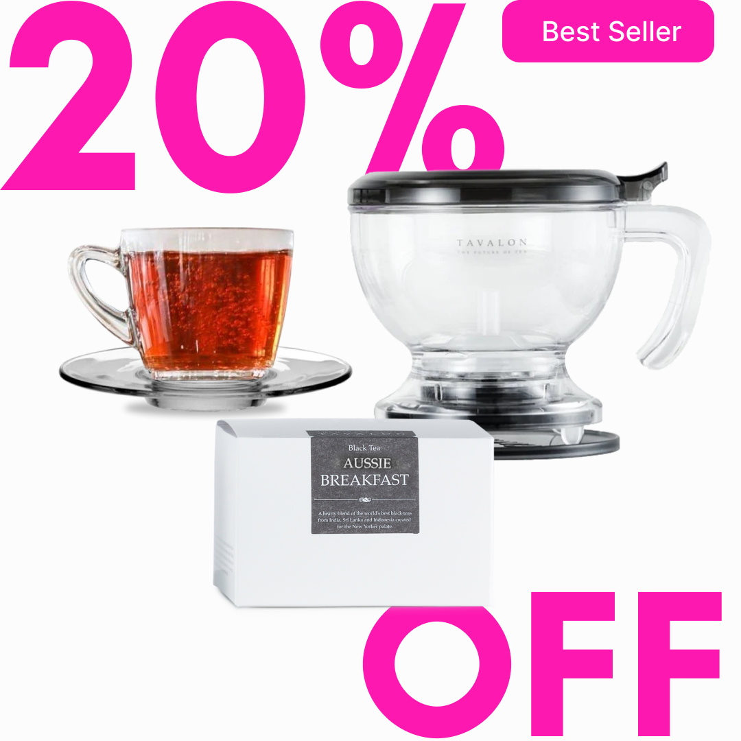 Tavalon Classic Combo: Gravity Teapot + Clear Cup & Saucer + Aussie Breakfast